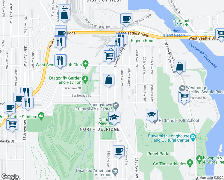 map of restaurants, bars, coffee shops, grocery stores, and more near 4100 25th Avenue Southwest in Seattle