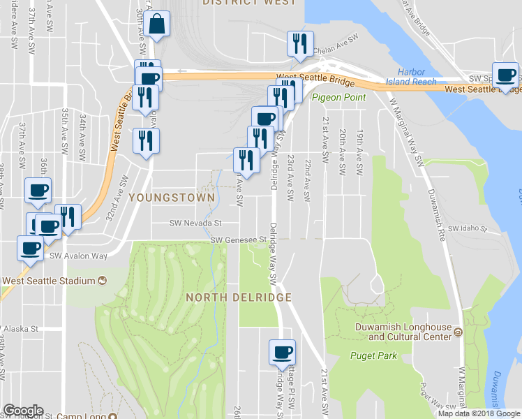 map of restaurants, bars, coffee shops, grocery stores, and more near 4100 25th Avenue Southwest in Seattle