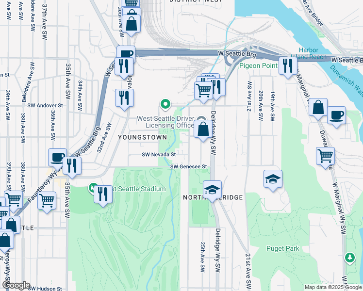 map of restaurants, bars, coffee shops, grocery stores, and more near 4111 26th Avenue Southwest in Seattle