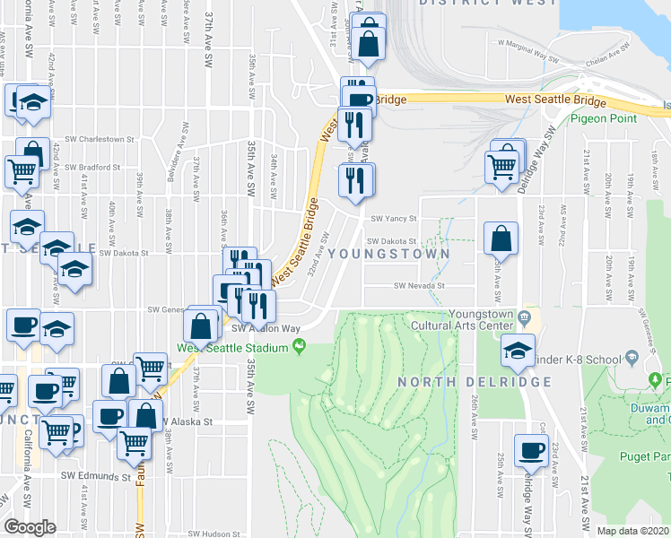 map of restaurants, bars, coffee shops, grocery stores, and more near 3040 Southwest Avalon Way in Seattle
