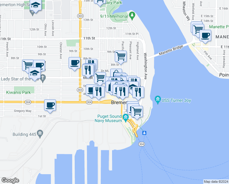 map of restaurants, bars, coffee shops, grocery stores, and more near 530 5th Street in Bremerton