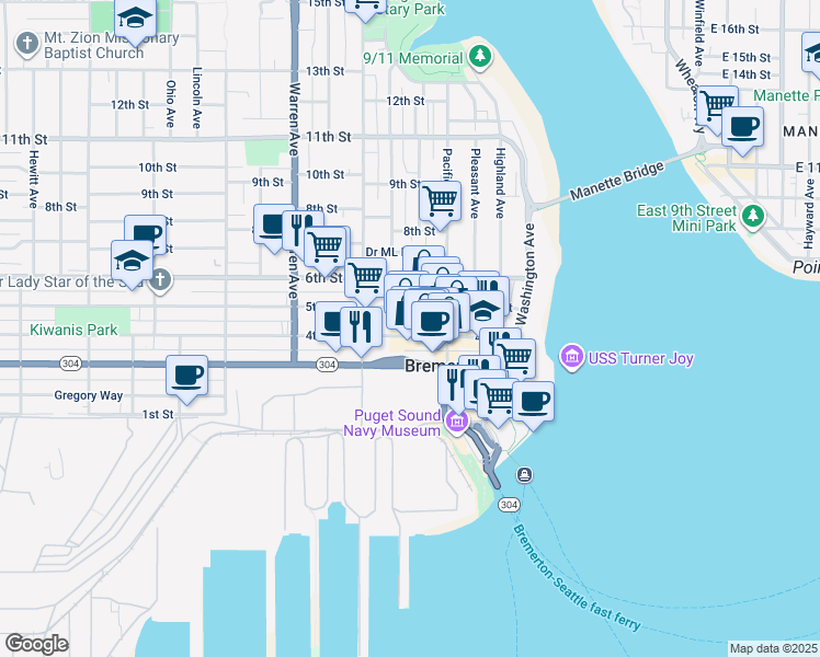 map of restaurants, bars, coffee shops, grocery stores, and more near 530 5th Street in Bremerton