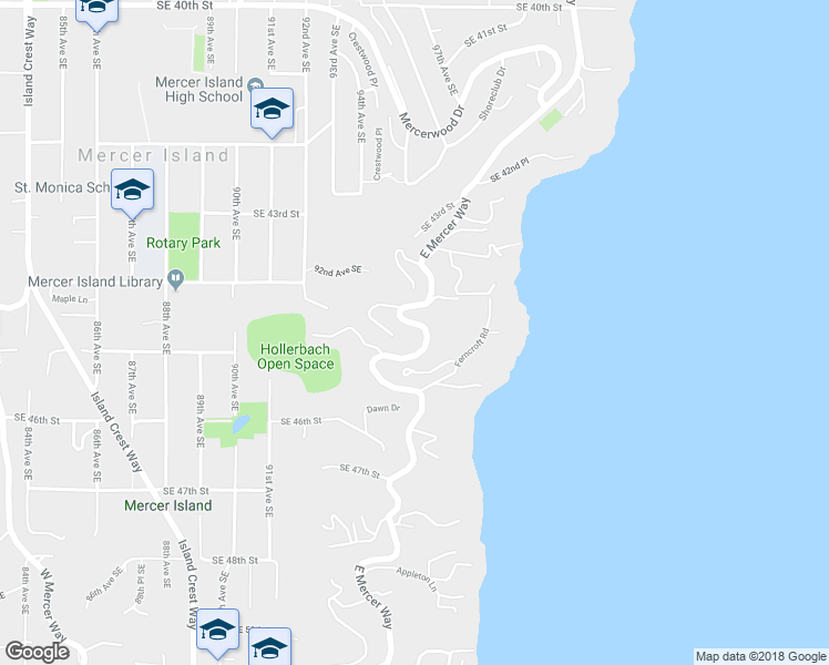 map of restaurants, bars, coffee shops, grocery stores, and more near 4429 East Mercer Way in Mercer Island