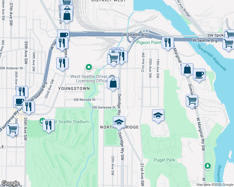 map of restaurants, bars, coffee shops, grocery stores, and more near 4100 25th Avenue Southwest in Seattle