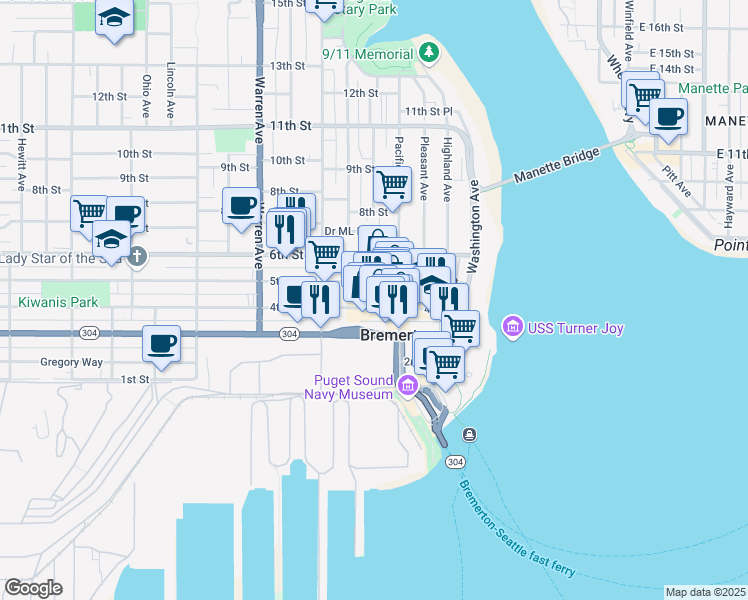 map of restaurants, bars, coffee shops, grocery stores, and more near 530 5th Street in Bremerton