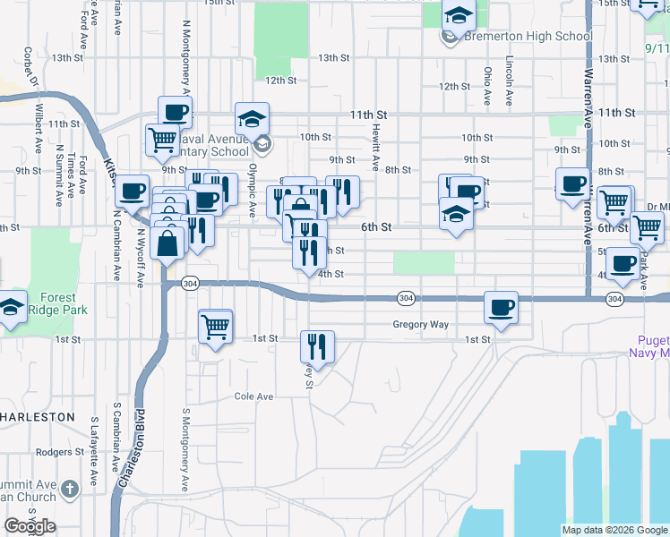 map of restaurants, bars, coffee shops, grocery stores, and more near 1926 4th Street in Bremerton