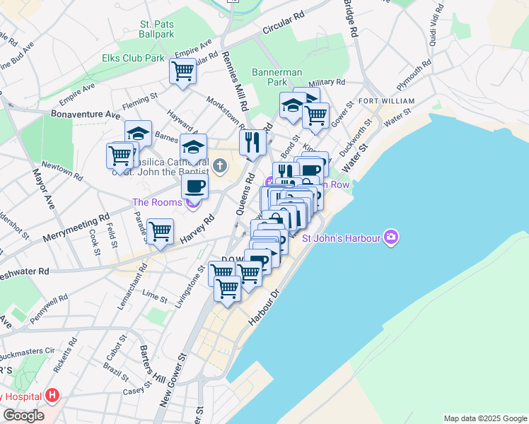 map of restaurants, bars, coffee shops, grocery stores, and more near 183 Gower Street in St. John's