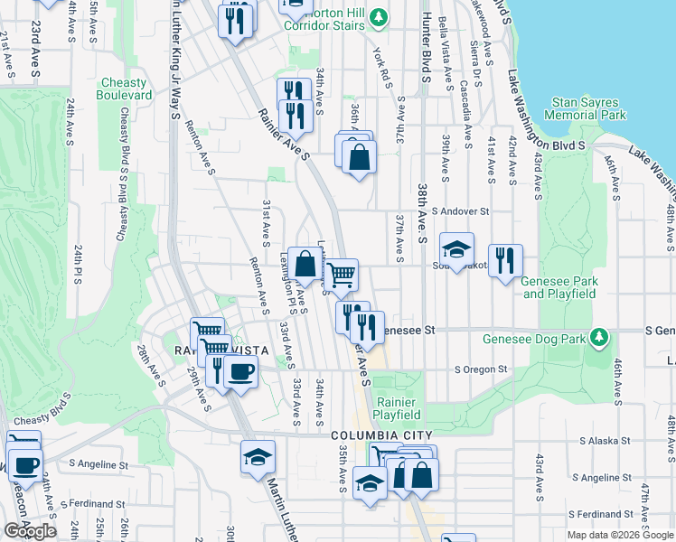 map of restaurants, bars, coffee shops, grocery stores, and more near 4103 Rainier Avenue South in Seattle