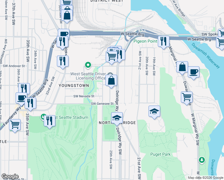 map of restaurants, bars, coffee shops, grocery stores, and more near 4100 25th Avenue Southwest in Seattle