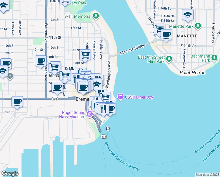 map of restaurants, bars, coffee shops, grocery stores, and more near 510 Washington Avenue in Bremerton