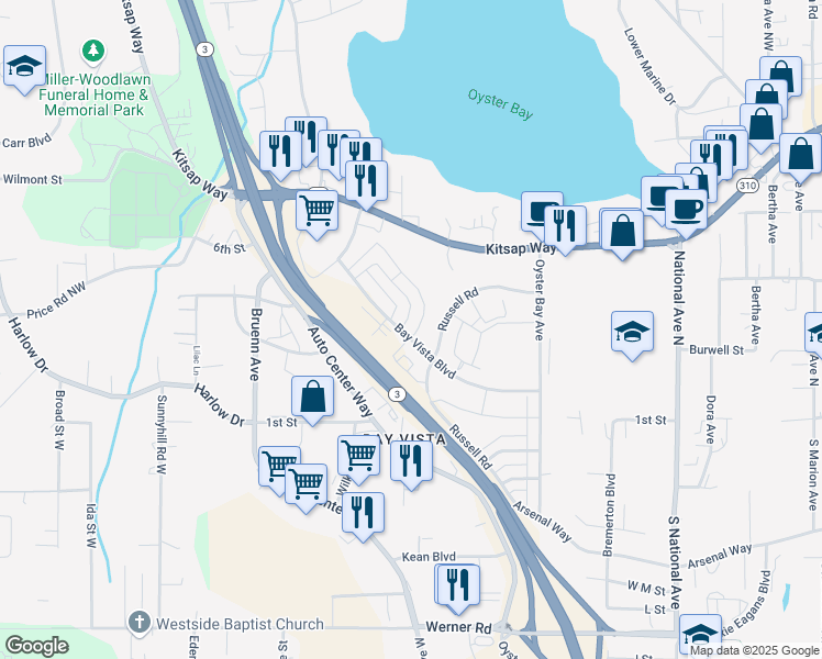 map of restaurants, bars, coffee shops, grocery stores, and more near 4750 Driftwood Street in Bremerton
