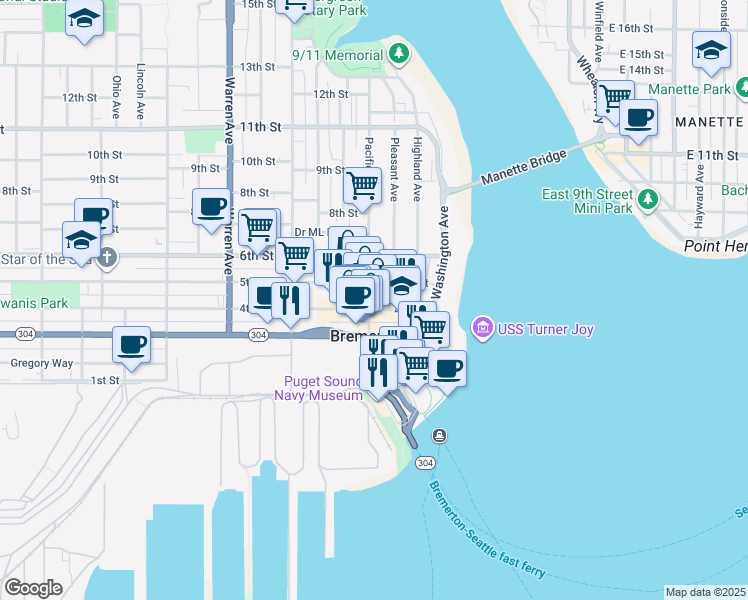 map of restaurants, bars, coffee shops, grocery stores, and more near in Bremerton