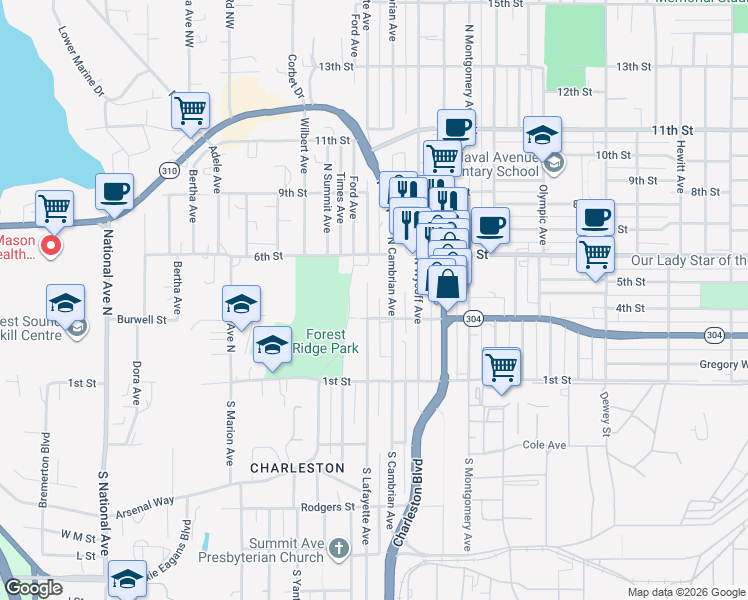 map of restaurants, bars, coffee shops, grocery stores, and more near 336 North Lafayette Avenue in Bremerton