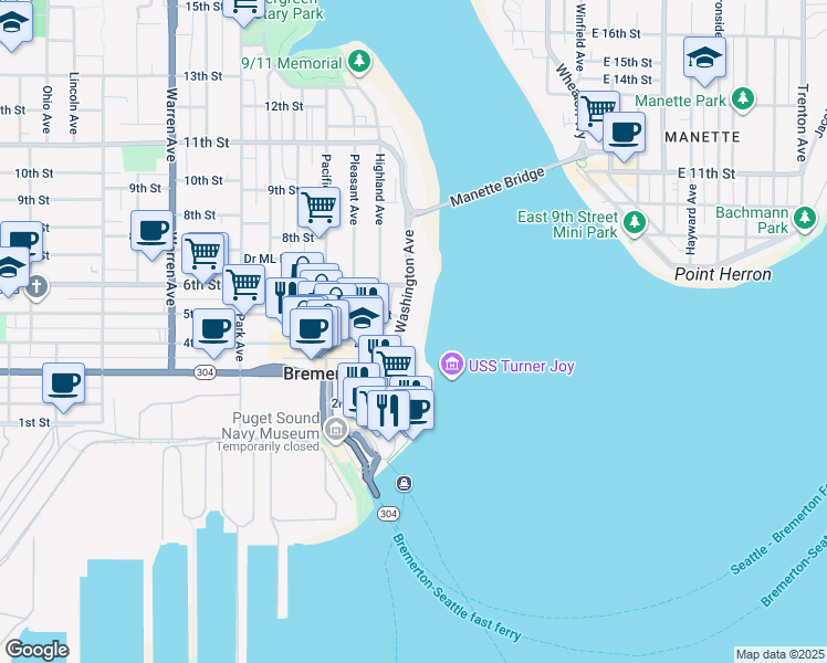 map of restaurants, bars, coffee shops, grocery stores, and more near 400 Washington Avenue in Bremerton