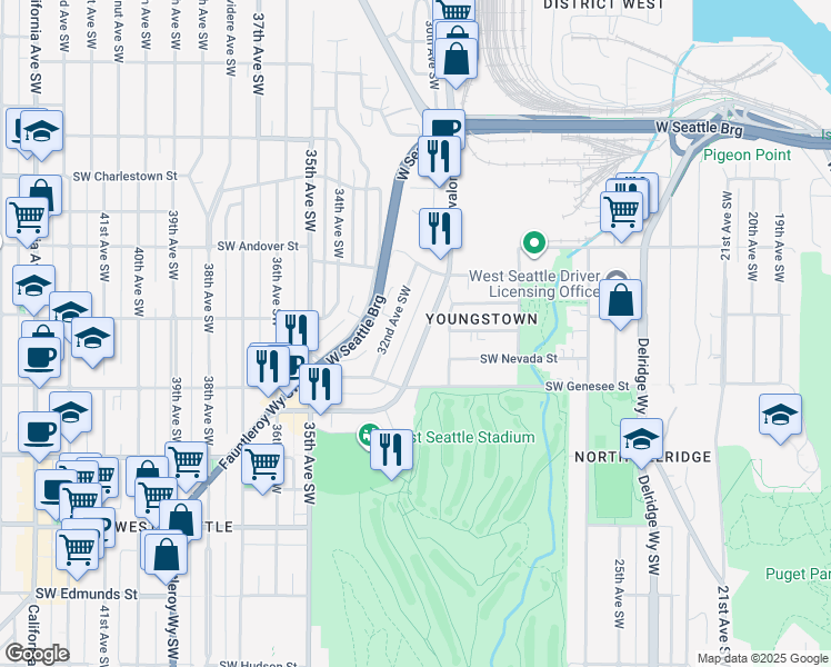 map of restaurants, bars, coffee shops, grocery stores, and more near 3040 Southwest Avalon Way in Seattle