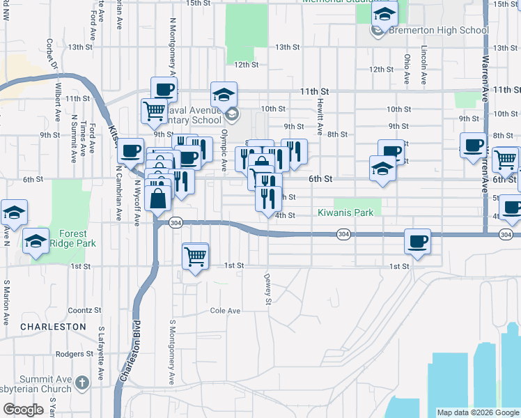map of restaurants, bars, coffee shops, grocery stores, and more near 2121 5th Street in Bremerton