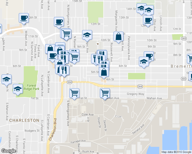 map of restaurants, bars, coffee shops, grocery stores, and more near 2121 5th Street in Bremerton