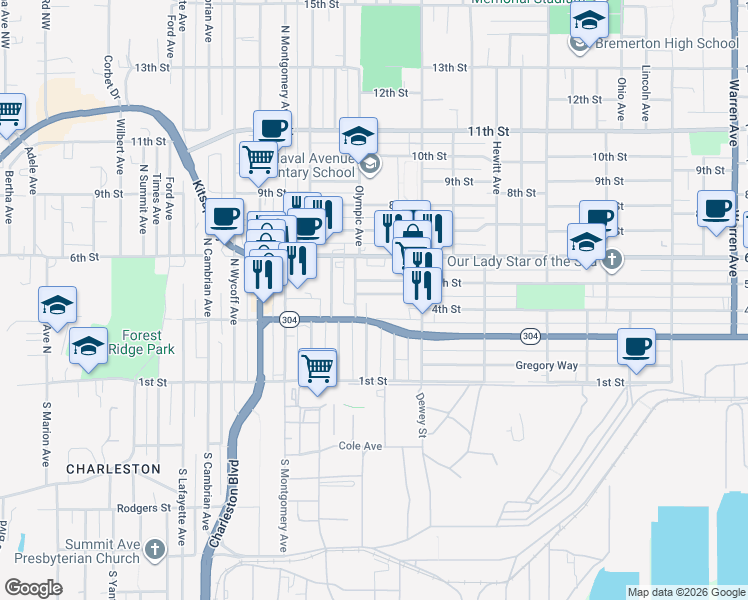 map of restaurants, bars, coffee shops, grocery stores, and more near 400 Olympic Avenue in Bremerton