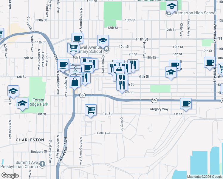 map of restaurants, bars, coffee shops, grocery stores, and more near 2129 4th Street in Bremerton