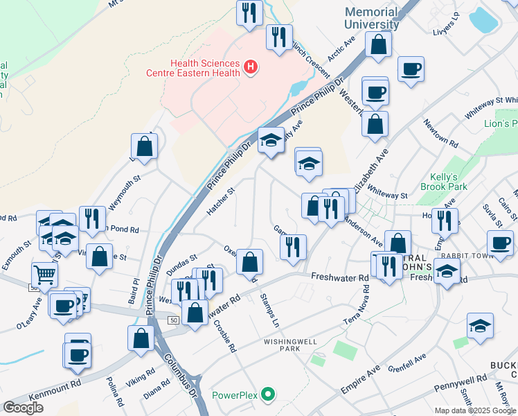 map of restaurants, bars, coffee shops, grocery stores, and more near 169 A University Avenue in St. John's