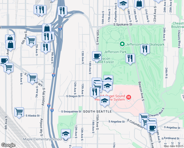 map of restaurants, bars, coffee shops, grocery stores, and more near 4122 14th Avenue South in Seattle