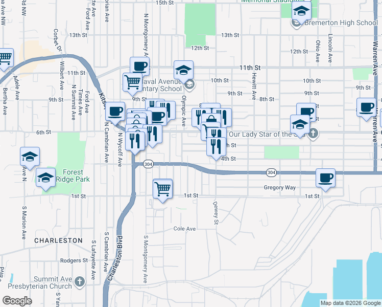 map of restaurants, bars, coffee shops, grocery stores, and more near 400 Olympic Avenue in Bremerton