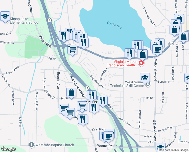 map of restaurants, bars, coffee shops, grocery stores, and more near 4750 Driftwood Street in Bremerton