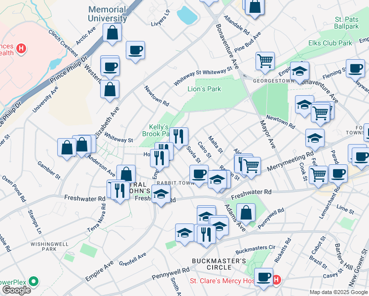 map of restaurants, bars, coffee shops, grocery stores, and more near 63 Suvla Street in St. John's