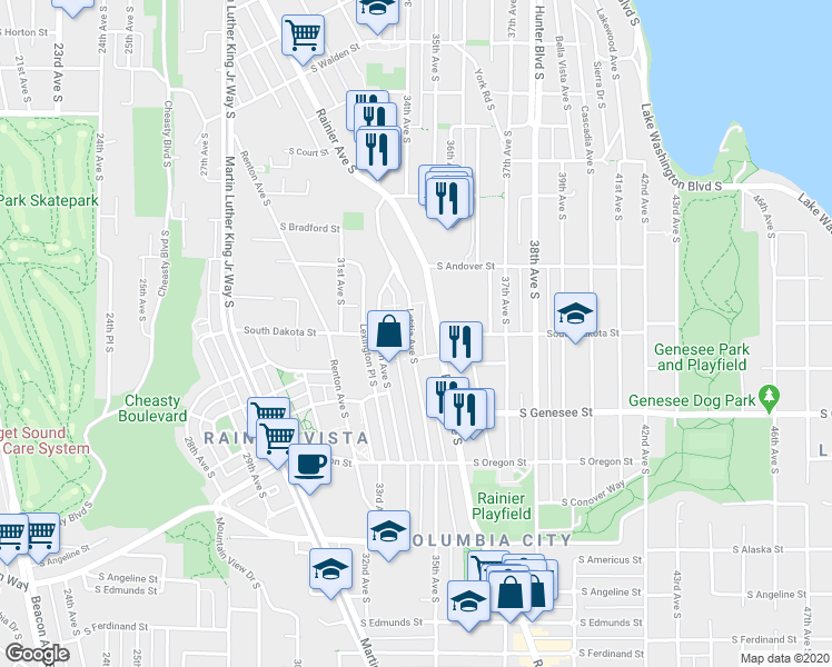 map of restaurants, bars, coffee shops, grocery stores, and more near 4063 Rainier Avenue South in Seattle