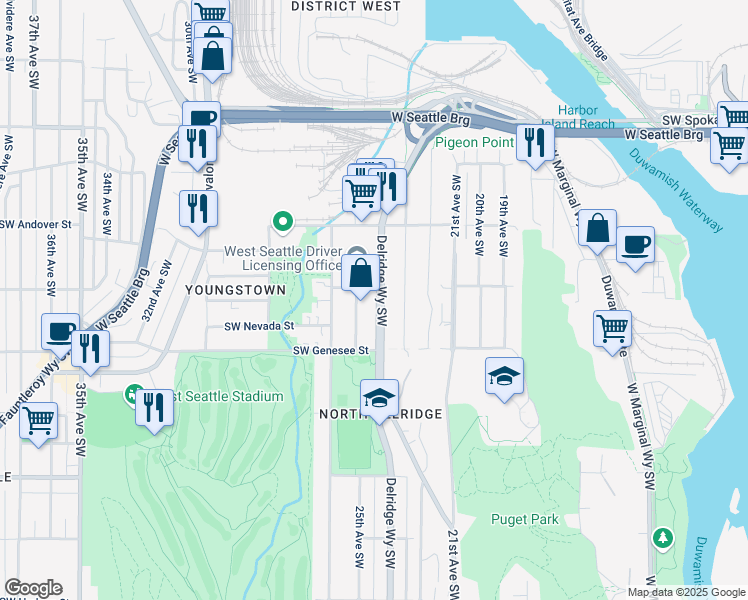 map of restaurants, bars, coffee shops, grocery stores, and more near 4100 25th Avenue Southwest in Seattle