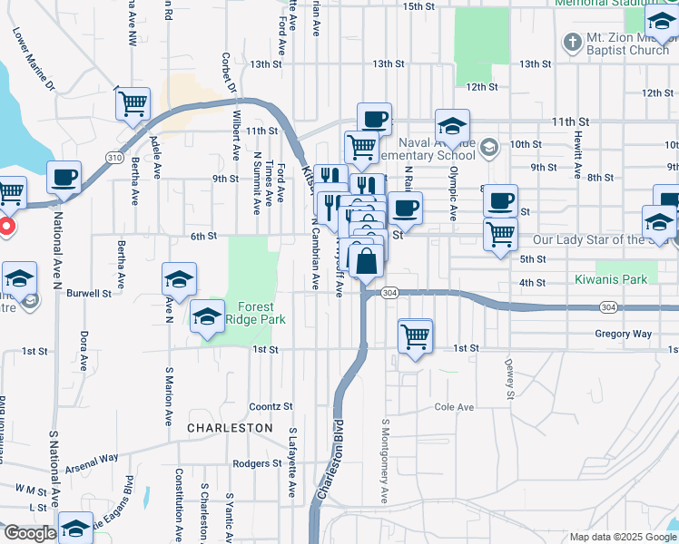 map of restaurants, bars, coffee shops, grocery stores, and more near 324 North Cambrian Avenue in Bremerton