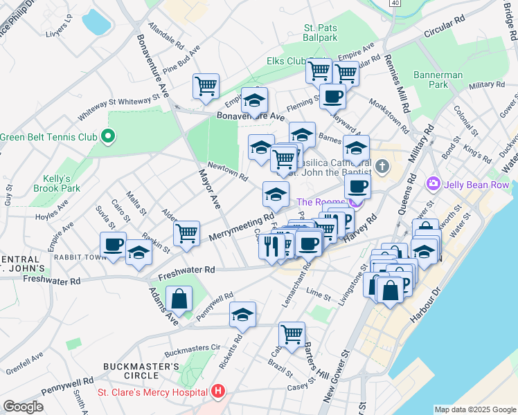 map of restaurants, bars, coffee shops, grocery stores, and more near 23 Newtown Road in St. John's
