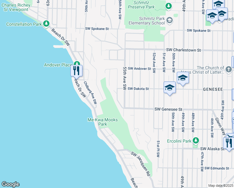 map of restaurants, bars, coffee shops, grocery stores, and more near 2709 Hillcrest Ave SW in Seattle