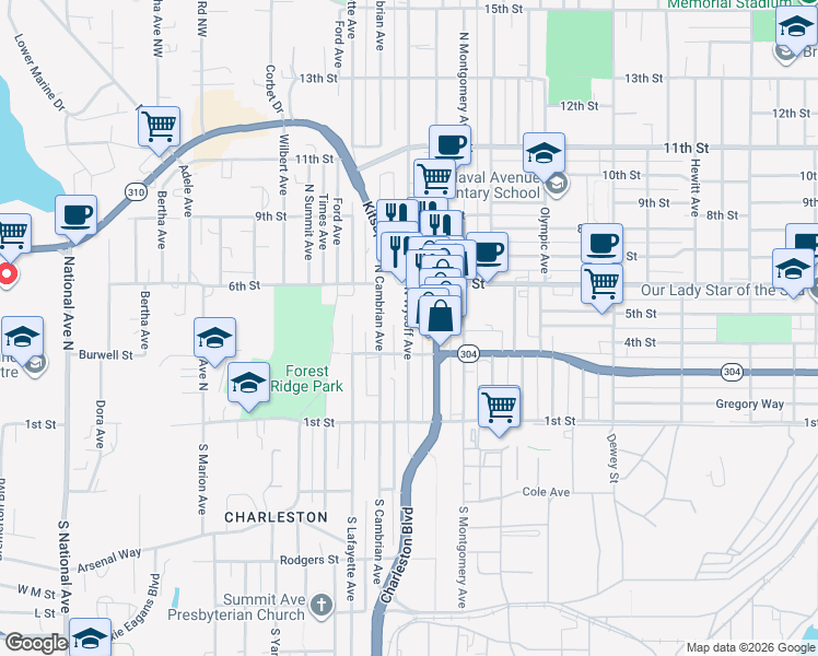 map of restaurants, bars, coffee shops, grocery stores, and more near 324 North Cambrian Avenue in Bremerton