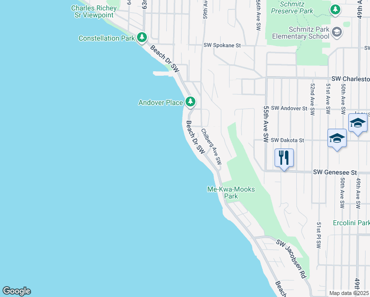 map of restaurants, bars, coffee shops, grocery stores, and more near 4137 Beach Dr SW in Seattle