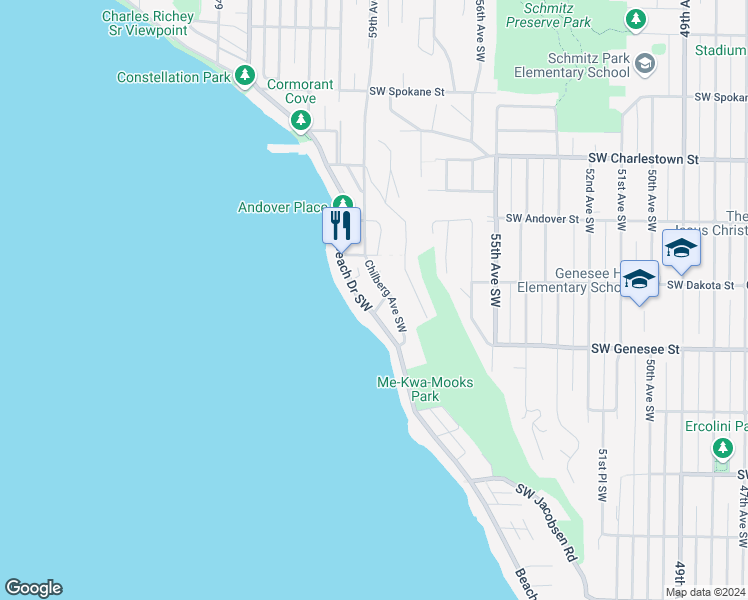 map of restaurants, bars, coffee shops, grocery stores, and more near 4156 Beach Drive Southwest in Seattle