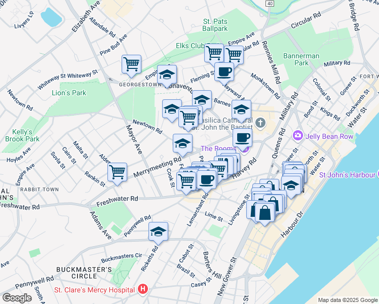 map of restaurants, bars, coffee shops, grocery stores, and more near 12 Merrymeeting Road in St. John's