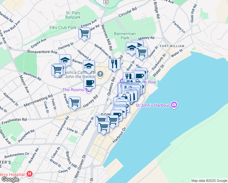 map of restaurants, bars, coffee shops, grocery stores, and more near 18 Cathedral Street in St. John's