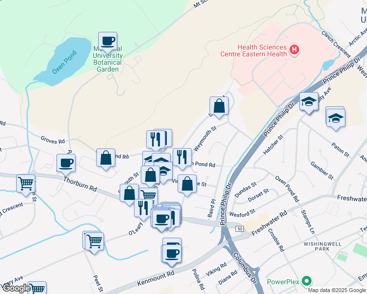 map of restaurants, bars, coffee shops, grocery stores, and more near Larkhall Street in St. John's