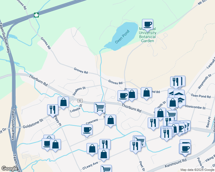 map of restaurants, bars, coffee shops, grocery stores, and more near 58 Seaborn Street in St. John's
