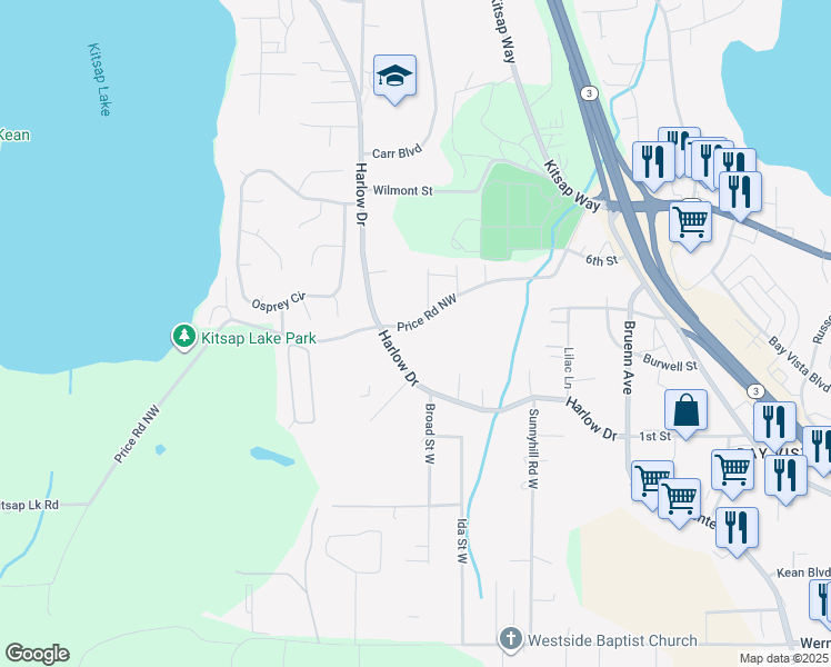 map of restaurants, bars, coffee shops, grocery stores, and more near 1499 Price Road Northwest in Bremerton