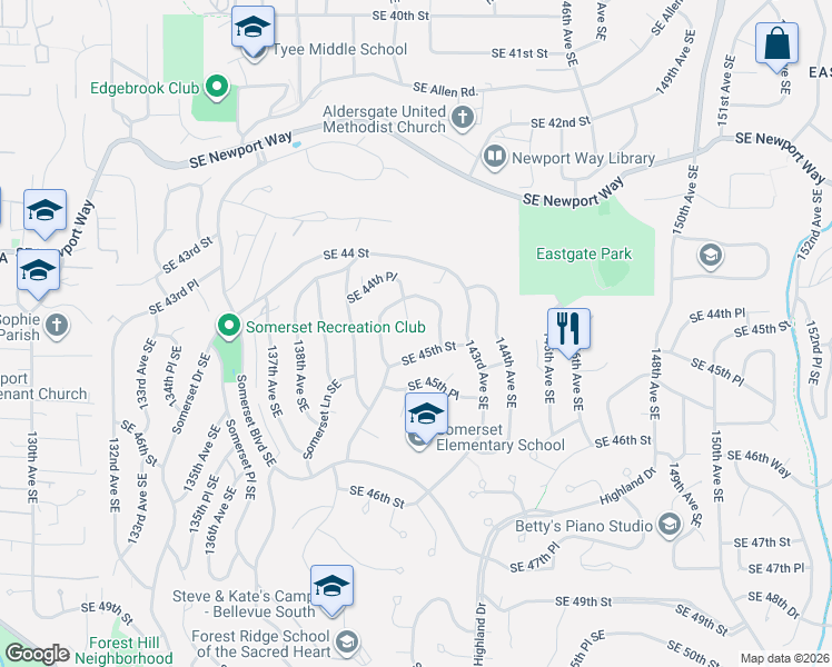 map of restaurants, bars, coffee shops, grocery stores, and more near 4459 141st Place Southeast in Bellevue