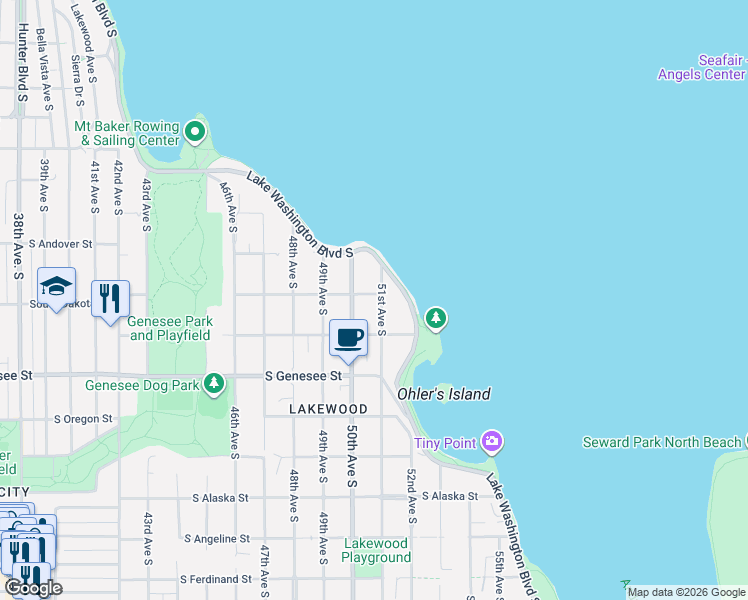 map of restaurants, bars, coffee shops, grocery stores, and more near 4035 51st Avenue South in Seattle