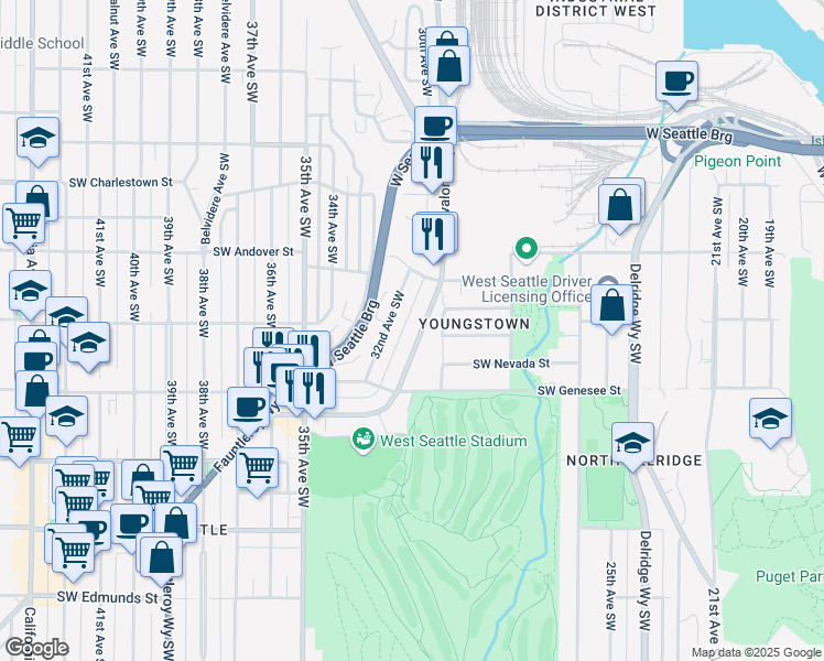 map of restaurants, bars, coffee shops, grocery stores, and more near 3040 Southwest Avalon Way in Seattle