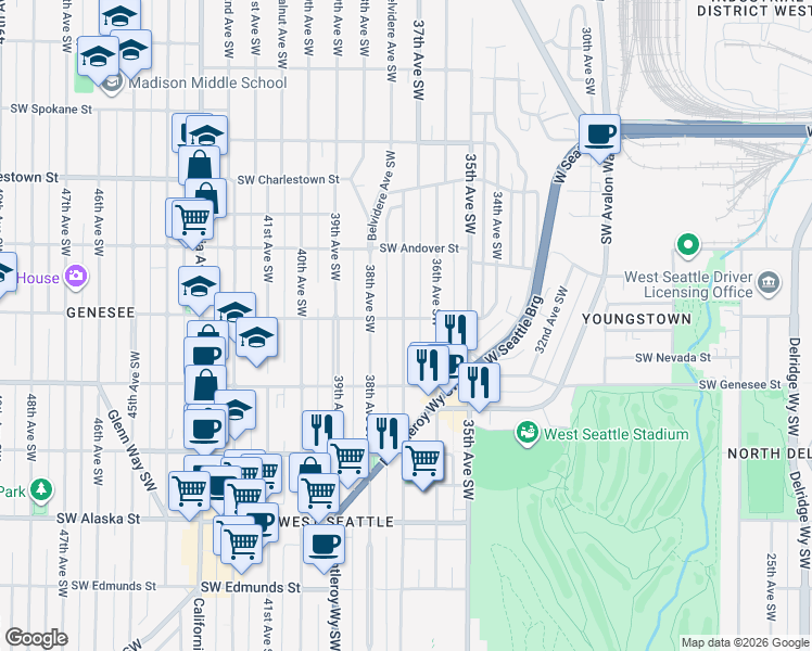 map of restaurants, bars, coffee shops, grocery stores, and more near 4103 37th Avenue Southwest in Seattle