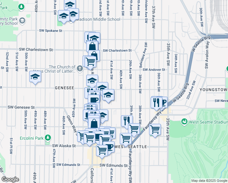 map of restaurants, bars, coffee shops, grocery stores, and more near 4058 41st Avenue Southwest in Seattle