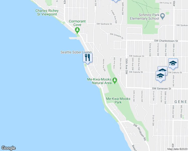 map of restaurants, bars, coffee shops, grocery stores, and more near 4137 Beach Drive Southwest in Seattle