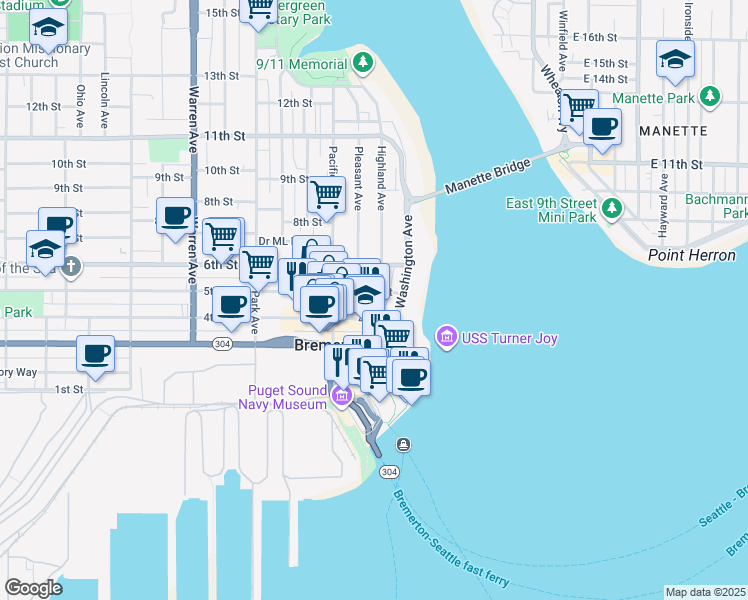 map of restaurants, bars, coffee shops, grocery stores, and more near 236 5th Street in Bremerton
