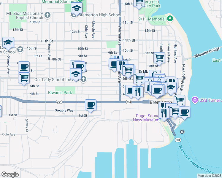 map of restaurants, bars, coffee shops, grocery stores, and more near 1019 5th Street in Bremerton