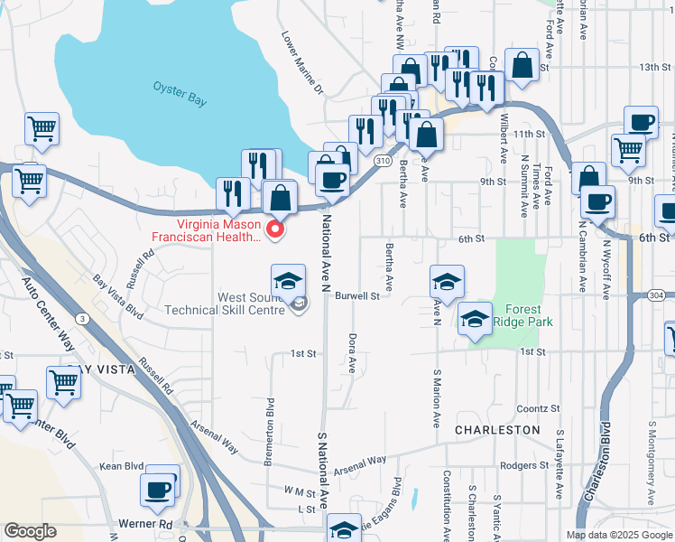 map of restaurants, bars, coffee shops, grocery stores, and more near 500 National Avenue North in Bremerton